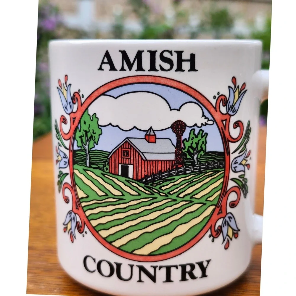 Vintage 80s Amish Country Coffee Mug Barn Windmill Souvenir Ceramic Cup Retro